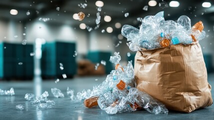 The image shows a large bag filled with plastic bottles inside a recycling facility, emphasizing the importance of waste management and recycling for environmental health.