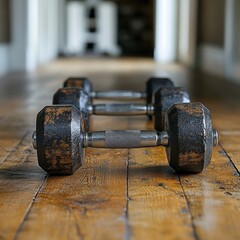 A pair of dumbbells resting on a wooden floor, suggesting fitness and exercise.