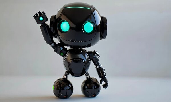 Cute black robot with glowing teal eyes stands on a white background.