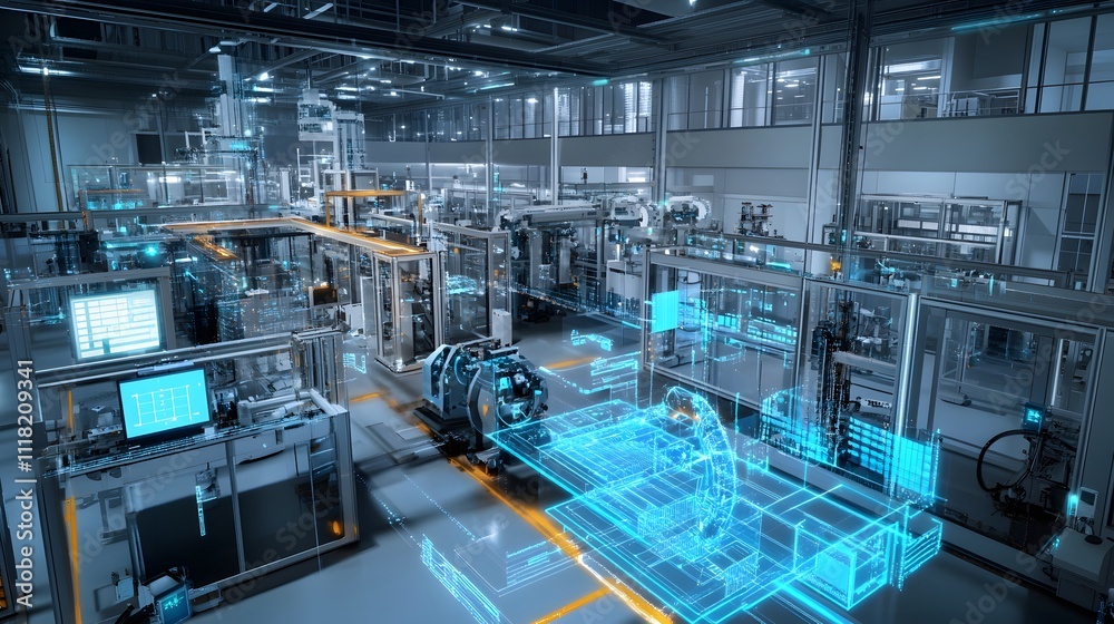Poster industrial automation: visualize a futuristic factory floor with advanced control systems, showcasin