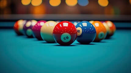 Close-up of billiard balls on a pool table.
