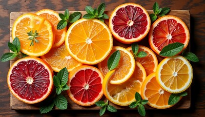 Obraz premium Colorful mixed citrus fruits with fresh mint on wooden board