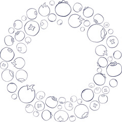 Blueberries view circle round frame. Farmers market menu design. Healthy food poster. vector graphic line Vintage hand drawn sketch.