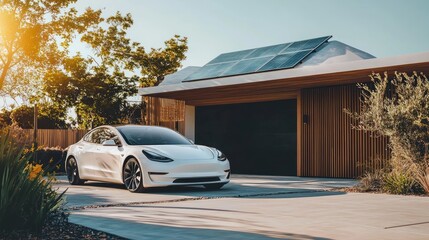 Modern White Electric Car in Sustainable Home with Solar Panels