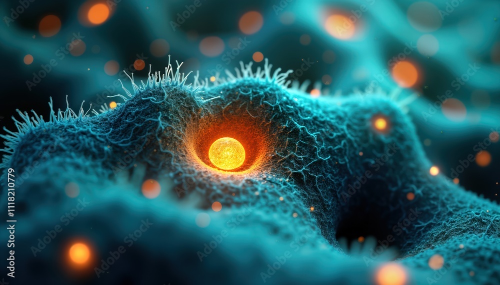 Poster Microscopic view of epithelial cells. Bright spots highlight tight junctions. Cellular structure detailed. Image suitable for scientific publications, medical presentations, educational materials.