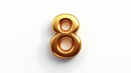 A 3D rendered image of a shiny golden number eight against a clean white backdrop. The number has a smooth, metallic finish, suggesting luxury and celebration.