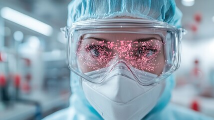 A masked scientist in a laboratory setting observes a digital visualization, representing cutting-edge research, data analysis, and futuristic scientific explorations.