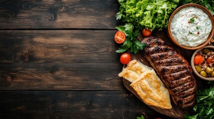 A well-grilled steak is served with creamy dips and fresh vegetables on a wooden board, with flaky pastries, tomatoes, and a garnish of leafy greens, completing the meal.