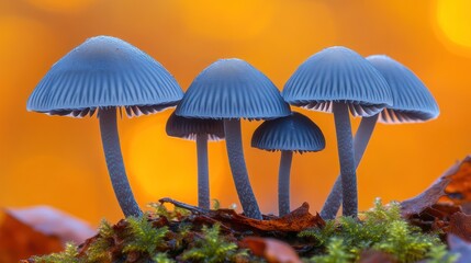 Close-up of five blue mushrooms growing on moss with a warm, orange background.