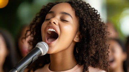 A woman with curly hair sings passionately into a microphone, capturing the energy and emotion of a live performance, with blurred onlookers in the background.