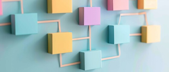 Pastel-colored cubes connect with lines, creating a modern and abstract representation of a network on a light blue background.