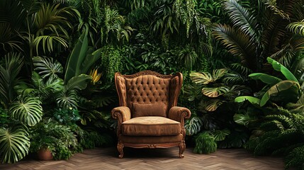 Obraz premium Luxurious brown armchair in a lush tropical garden setting.
