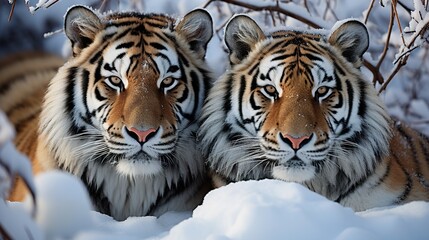 Fototapeta premium Two Siberian (Amur) tigers lie next to each other in a snowy glade. HD 8K wallpaper Stock Photographic Image