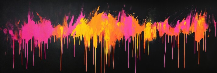 Vibrant abstract drip painting with pink and orange hues on black canvas