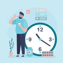 Sick man holds pill and water in hands. Schedule and time of taking medications. Treatment and fight against viruses, healthcare. Guy with medicines. Antibiotic, painkiller.