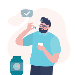 Sick man holds pill and water in hands. Male character takes pills and drinks them with water. Treatment and fight against viruses, healthcare. Guy with medicines.