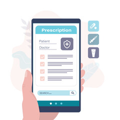 Digital medicine. Obtaining or buying prescription drugs. Telemedicine and pharmacy concept, healthcare. Online prescription. Cell phone with drug store online application.