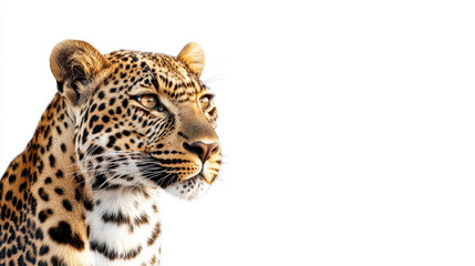 Fototapeta premium Majestic leopard gazes intently on a stark white background, displaying its spotted coat and powerful presence in full focus.