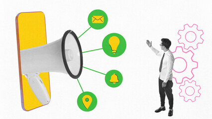 Contemporary art collage. Megaphone emerging from phone screen with green icons, businessman gesture toward pink gears, symbolizing digital marketing tools and strategies. Concept of social media. Ad