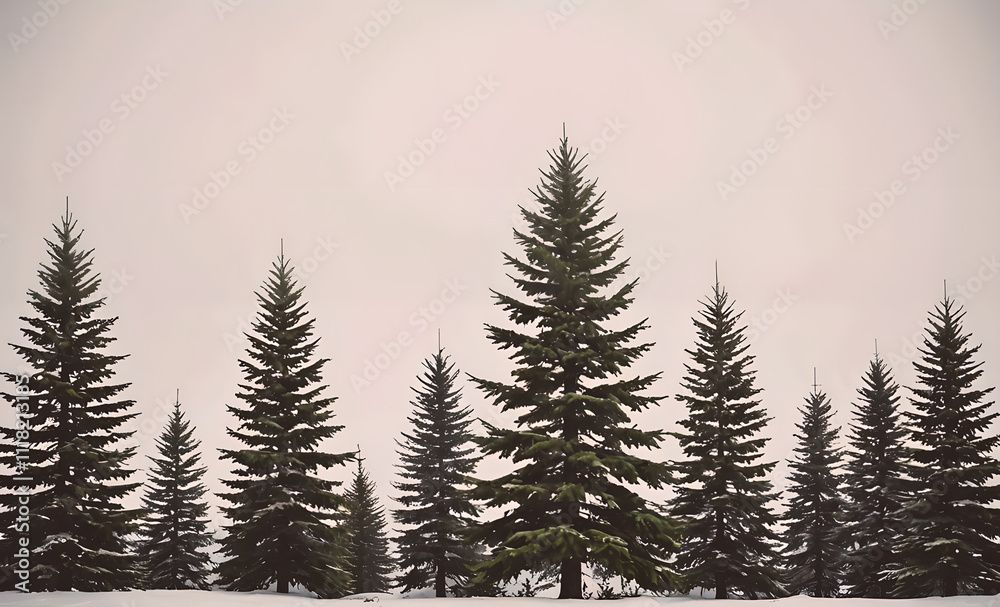 Poster Row of pine trees are lined up in a forest. The trees are tall and green. The sky is cloudy and gray