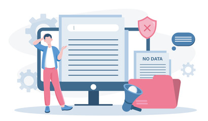 No data concept. Man near empty folder. Lost electronic documents, broken gadget and device memory. Missing documents at server or archive. Flat vector illustration