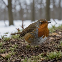 "A robin hopping along the ground, with a white backdrop."