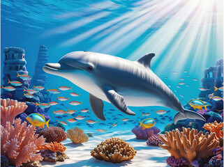 Fototapeta premium 3d Dolphin Coral Colorful Fish Under the Sea 