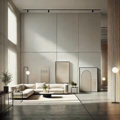 A contemporary minimalist aesthetic, featuring a sleek, spacious interior with clean lines, neutral tones, and subtle accents