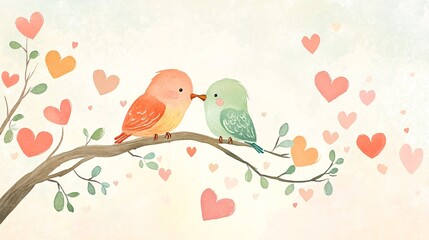 Romantic Birds on a Branch Surrounded by Colorful Hearts