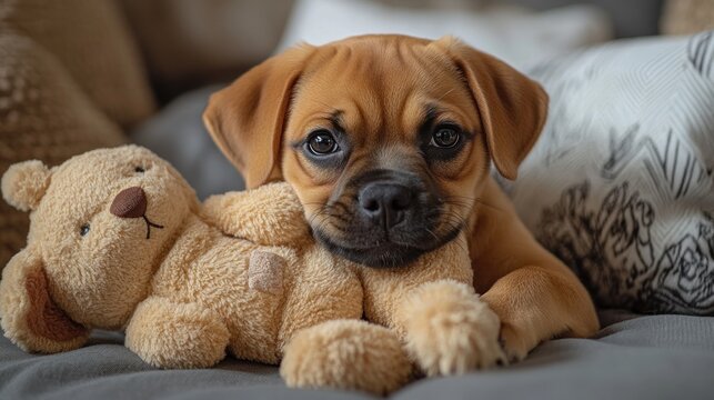 Adorable puggle puppy cuddles a teddy bear on a cozy couch.
