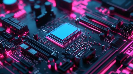 Obraz premium Close-up of a glowing central processing unit (CPU) on a computer motherboard, showcasing intricate circuitry and vibrant neon lighting.