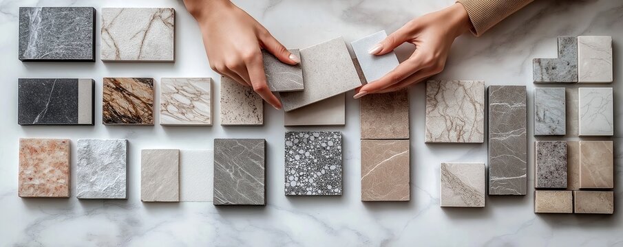 Interior designer, client select marble stone color samples for kitchen facades. Carefully examine different shades, patterns. In showroom. Home renovation project. Designer provides advice. Customer - Powered by Adobe