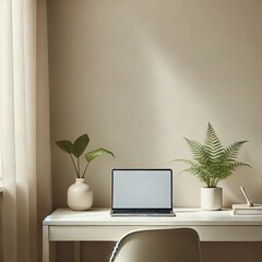 Fototapeta premium A serene minimalist aesthetic featuring a clean and modern workspace. A sleek white desk with a single open laptop sits against a light beige wall