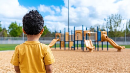 Low Birth Rate Crisis Concept, A Lonely Child Enjoys Playtime in an Empty Playground Under a Bright Sky