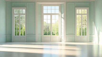 Spacious Light-Filled Room with Tall Windows and Scenic View