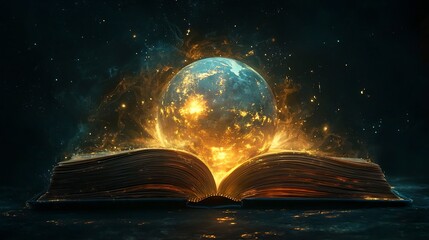 Glowing World Emerges from the Pages of an Enchanting Book Symbolizing the Power of Imagination and Discovery