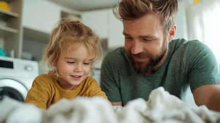 A father and daughter share a tender moment in the kitchen while folding laundry, symbolizing family bonds, love, and togetherness. The warm scene exudes affection. - Powered by Adobe