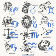 Hand drawn zodiac signs illustration set. Horoscope background with astrology symbols. Leo, virgo, pisces, gemini, scorpio.