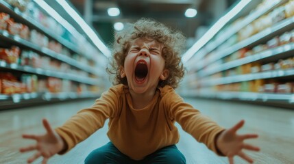 A young child with curly hair is sitting in the middle of a brightly lit grocery store aisle, screaming with arms outstretched, surrounded by shelves of products.