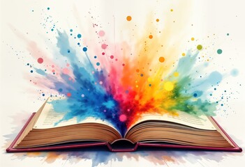 Open book bursts with vibrant colors. Colorful watercolor explosion emanates from open pages. Abstract design. Ideas, creativity concepts. Ideal for education learning themes. Fantasy, imagination,