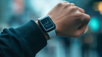 Close-up of a person's wrist wearing a smartwatch displaying a heart rate monitor in a city.