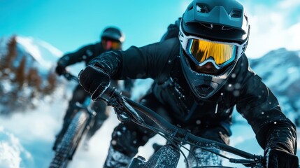 Two mountain bikers wearing helmets and goggles race through a snowy landscape, showcasing excitement and adrenaline in an extreme winter sport environment.