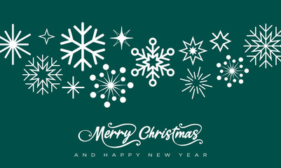 Fototapeta premium Merry Christmas snowflake card background with Merry Christmas text, calligraphy, phrase, modern simple style snowflakes, decoration, ornament, cliparts, Happy Holidays, New year banner printable