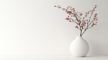 Minimalist white vase with red berries on thin branches against a plain white background, highlighting simplicity and elegance in modern design.