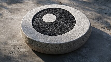 A circular stone sculpture featuring a central dot, blending art with nature.