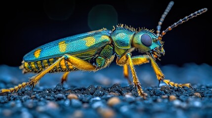 Close-up of vibrant green and gold beetle on dark background.