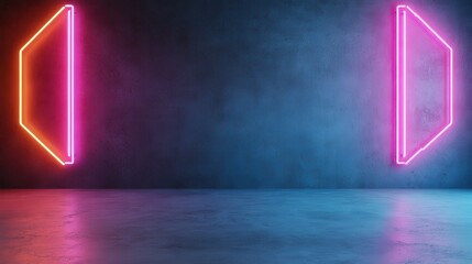 Vibrant, symmetrical neon lines stand out against a dark, textured background, displaying an intriguing juxtaposition of light and shadow art.