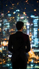 Businessman gazing city network, innovation, technology. Future, success, connection, vision