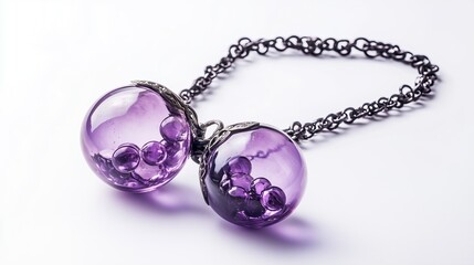 Jewelry made of violet glass with a chain on a white background