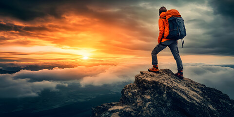 Caminhoneiro no pico da montanha ao p&ocirc;r do sol